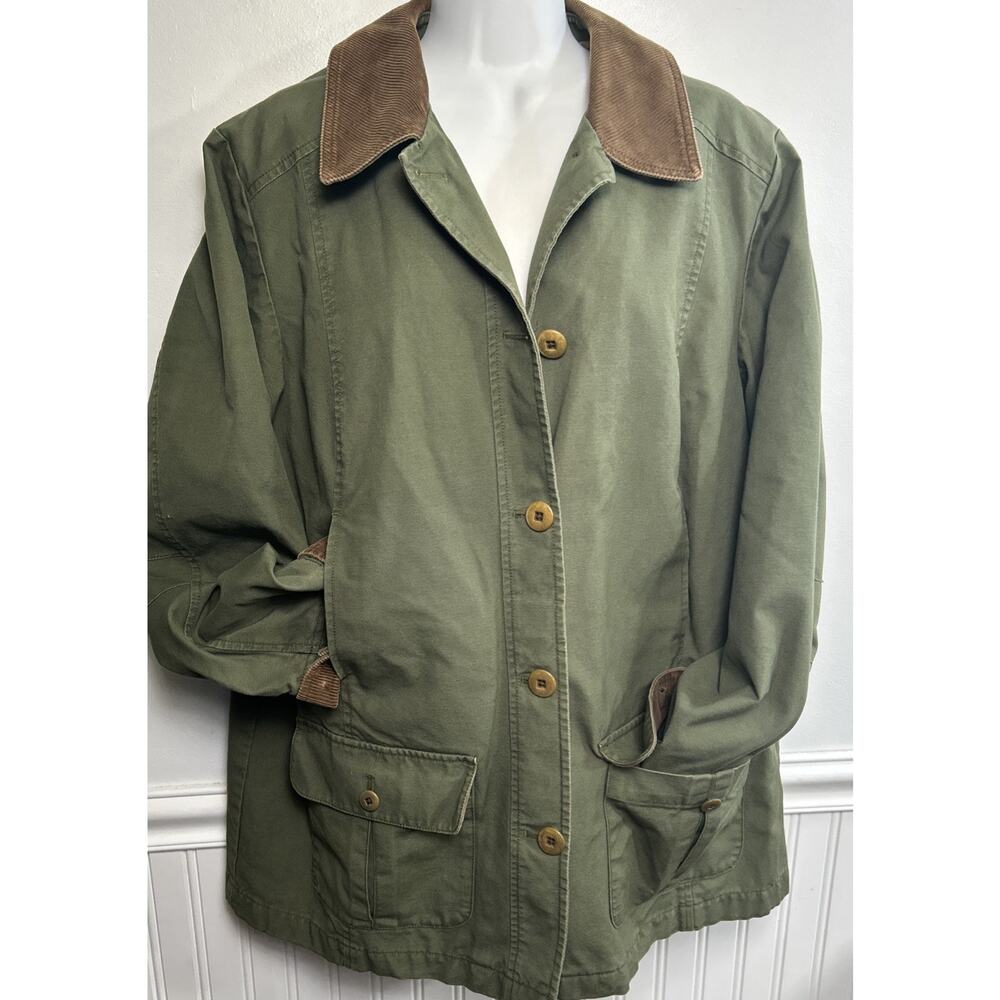 LL Bean Jacket Barn Chore Field Coat Corduroy Trim Flannel Lined Green Women M - Picture 3 of 11
